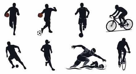Obraz premium Sports silhouettes diverse athletes in action, representing basketball, soccer, running, cycling, and swimming