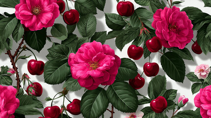 Seamless pattern with realistic red roses, green leaves, and ripe cherries on a white background.