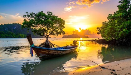 Scenic golden hour shot featuring boat, tree, and tropical landscape