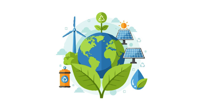 Global sustainability concept showcasing renewable energy, green technology, and eco-friendly practices for a healthier planet and a brighter future