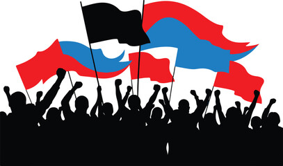 Crowd of protesters silhouettes with flags raised in powerful demonstration vector