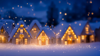 雪に覆われた家々と暖かい光が灯る幻想的な冬の夜の風景
