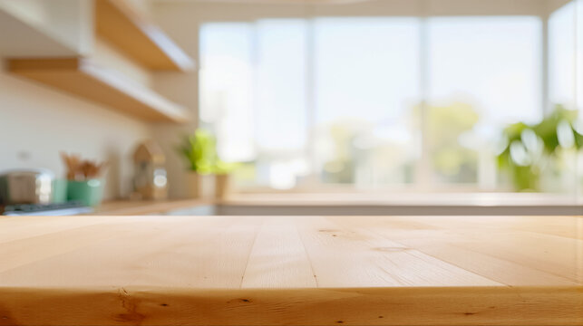 明るくぼやけたモダンなキッチンの背景にある空の木製テーブルトップ