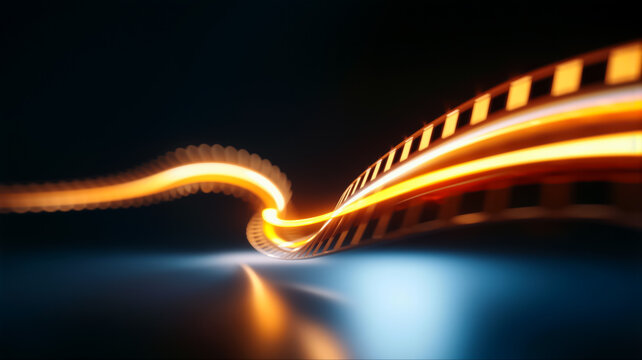 暗い背景に波打つ金色の光を放つ映画フィルムのストリップの抽象的な背景