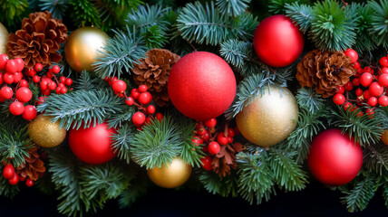 赤と金のオーナメントと松ぼっくりで彩られた豪華なクリスマスの装飾