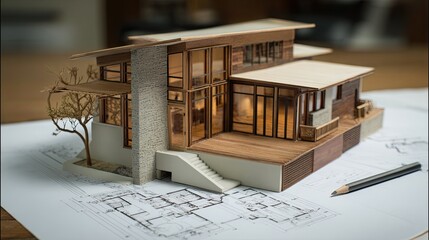 A detailed architectural model of a modern house with large glass windows and wooden accents, displayed on a blueprint background.