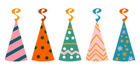 Colorful party hats with various patterns for celebrations and festive occasions