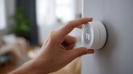 Naklejka premium A hand adjusts a modern thermostat displaying a temperature of 78F in a cozy indoor setting.