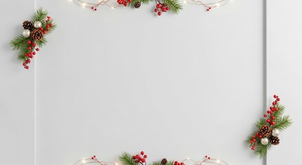 Festive Christmas frame with pinecones, berries and fairy lights design