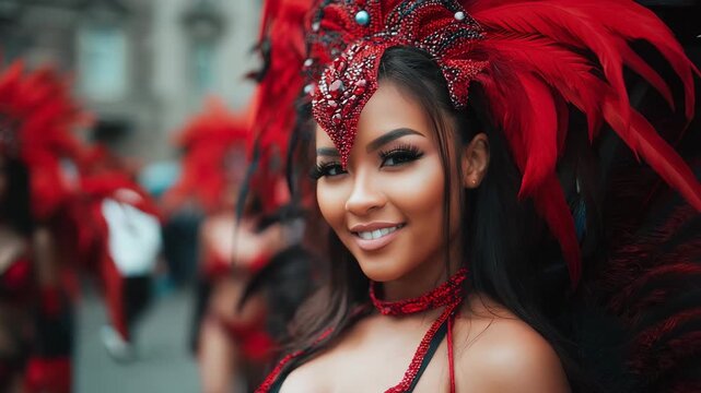 Colorful dance celebration in a vibrant parade with performers in elaborate costumes