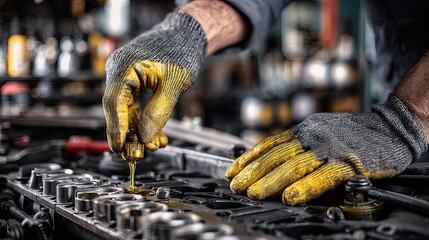 A mechanic applying oil to a car engine component, showcasing hands in gloves with a focus on precision and maintenance in an industrial setting.