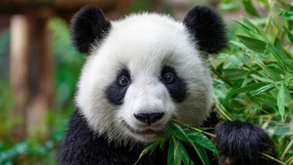 Naklejka premium Giant panda with white fur and black patches holding bamboo, looking at the camera. Concept Giant panda portrait, Black-and-white fur, Bamboo feeding, Eye contact with camera, Wildlife photography
