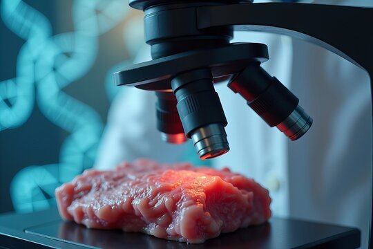 Researcher Examining Meat Under Microscope with Genetic Code Abstract Background