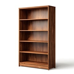 Empty wooden bookshelf with five shelves against a white background