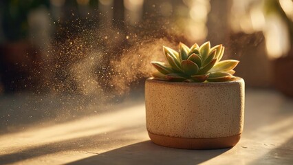 A succulent in a round textured pot bathed in warm light, with golden dust-like particles floating to the left. Concept Succulent close-up, Round textured pot, Warm golden light