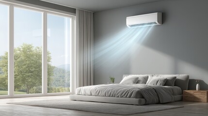 Fototapeta premium A modern bedroom featuring an air conditioning unit, large windows with natural light, and a serene view of nature outside.