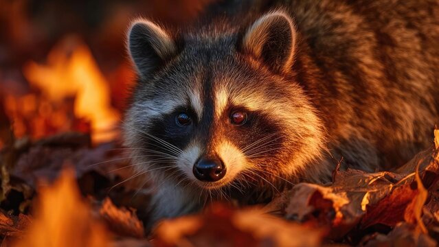 A raccoon peeks out from autumn leaves, bathed in warm orange light. Concept Autumn wildlife photography, Raccoon among autumn leaves, Warm orange sunset lighting, Close-up wildlife portrait