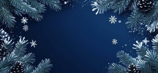 Blue Winter Background with Snow-Covered Pine Branches and Snowflakes