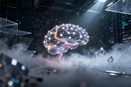 Artificial intelligence brain in a futuristic data center representing digital mind and innovation.