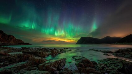 Naklejka premium Aurora borealis lights up the night sky above a rocky coastline and calm sea. Concept Aurora borealis, Night sky glow, Rocky coastline, Calm sea, Winter landscape