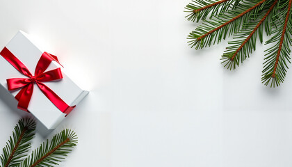 White gift box with red bow and pine branches, minimal festive holiday composition