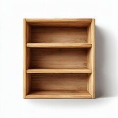 Empty rustic wooden three shelf display unit against white background