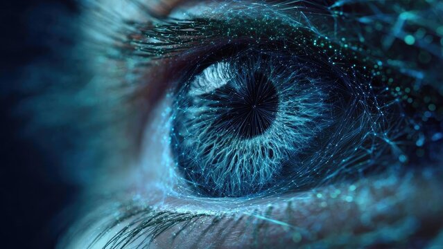 Close-up of a human eye with blue neon network lines and particles, a futuristic cyber-tech visualization. Concept Close-up eye with blue neon network lines