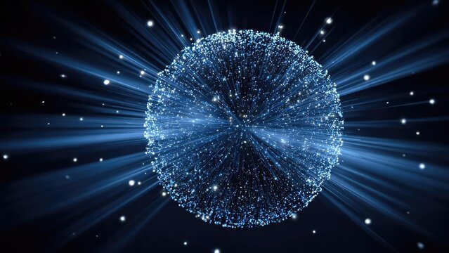 Glowing blue sphere made of countless light particles with rays radiating outward. Concept Glowing blue orb, Particle light sphere, Radiating light rays, Futuristic luminescence, Ethereal blue orb