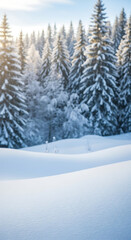 Fototapeta premium Seasonal Decor Aesthetics for Holiday Themes: Snowy Winter Landscape with Copy Space and Blurry Forest Background