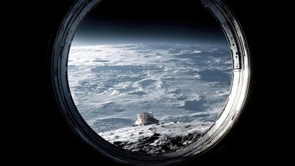 Earth seen over the Moon's horizon through a circular window; lunar surface in the foreground with a small lander. Concept Earthrise through a circular porthole over the Moon's horizon