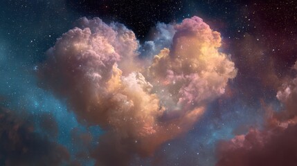 Fototapeta premium Dreamy Heart-Shaped Cloud Formation with Vibrant Colors Against a Starry Night Sky, Symbolizing Love and Romance in Nature