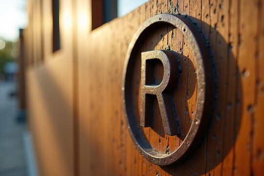 Macro photograph of a trademark symbol etched into a wooden wall, illuminated by gentle sunlight to enhance its intricate details. - Powered by Adobe