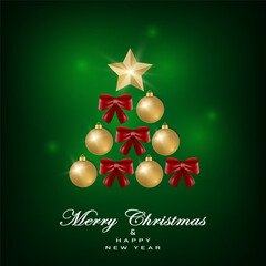Greeting card with christmas tree made from bows and christmas balls, on green background.New year them. Vector illustration.