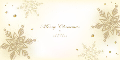 Fototapeta premium Greeting card with christmas snowflakes made from gold glitter, stars and christmas balls on white background.New year them. Vector illustration.