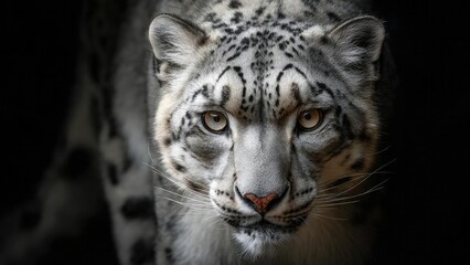 Obraz premium Close-up of a snow leopard gazing at the camera, pale coat with dark rosettes and amber eyes. Concept Snow Leopard Close-Up Portraits with Amber Eyes, Pale Fur and Dark Rosettes Detail