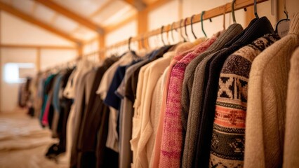 A row of colorful coats and knitted sweaters on hangers along a wooden clothing rack in a cozy shop. Concept Cozy boutique display, Colorful coats and knitted sweaters, Wooden clothing rack