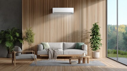 Fototapeta premium A modern living room featuring a cozy sofa, wooden accents, a plant, and an air conditioning unit, creating a stylish and comfortable atmosphere.