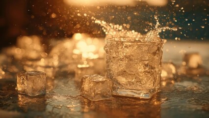 Close-up of ice cubes on a wet surface with a glass and a splash of water, bathed in warm golden light. Concept Ice cubes close-up, Glass with splash, Wet surface texture, Warm golden light