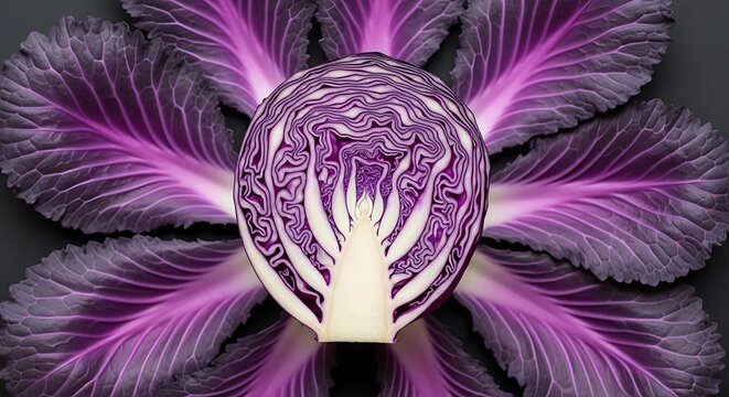 Stunning cross section of a fresh red cabbage revealing its intricate purple and white patterns on a dark background.