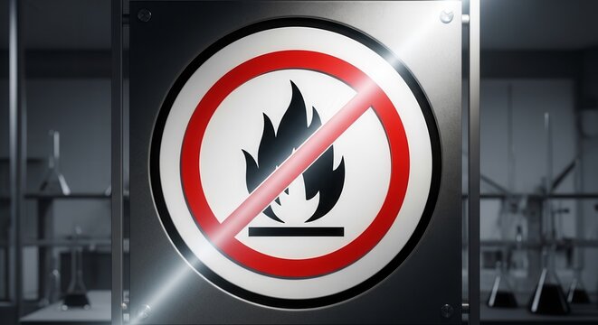 Prohibition Symbol Sign On Metallic Plate Represents Strict No Fire Regulations In The Lab