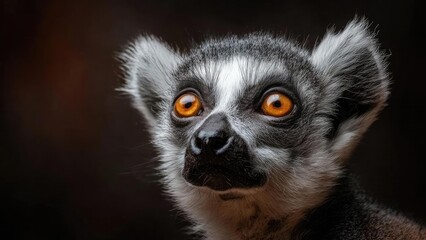 Obraz premium Close-up of a black-and-white lemur with bright orange eyes, fluffy ears, and a curious expression. Concept Close-up wildlife portrait, Black-and-white lemur, Bright orange eyes, Fluffy ears