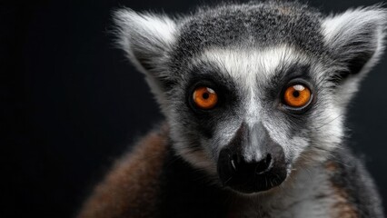 Obraz premium Close-up of a lemur's face with vivid orange eyes against a dark background. Concept Close-up Wildlife Portrait, Lemur Eyes, Orange Eyes, Dark Background, Macro Photography