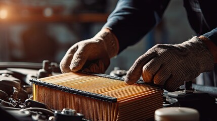 A mechanic replaces an air filter in a vehicle, showcasing hands in gloves working carefully under bright workshop lighting.