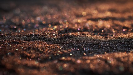 Close-up of glittering sand sparkling with warm bokeh lights. Concept Close-up Details, Glittering Sand, Warm Bokeh Lights, Macro Texture, Golden Glow