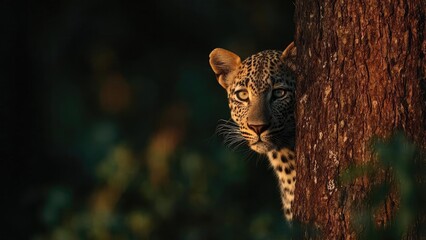 A leopard peeks from behind a tree in a dark forest. Concept Leopard peeking from behind a tree, dark forest atmosphere, nocturnal wildlife, stealthy predator, moody lighting