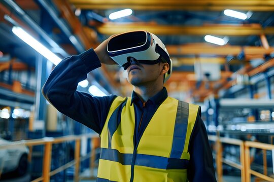 Man wearing safety vest and hard hat using virtual reality headset in industrial factory