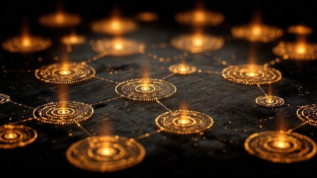 A network of glowing golden circular nodes connected by lines on a dark surface. Concept Glowing golden circular nodes, Interconnected lines forming a network, Dark textured surface backdrop