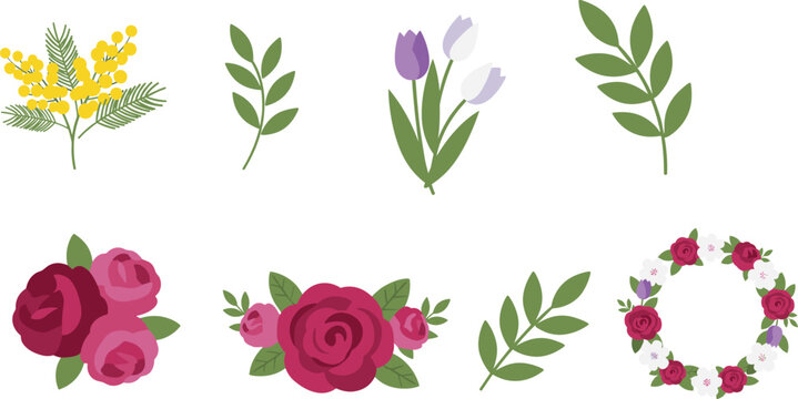 Collection of elegant floral elements and botanical illustrations