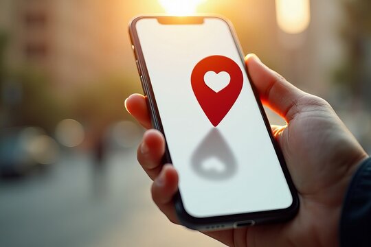 Hand Holding Phone with Red Map Pin Pointer Extending Out and Casting Heart-Shaped Shadow - Powered by Adobe