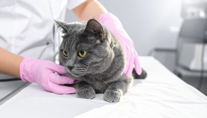 A grey cat being examined at a vet's